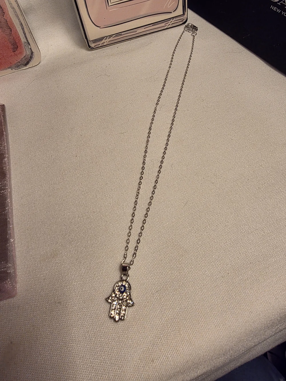 Sterling-Tone Hamsa Hand Necklace with Blue Evil Eye Accent